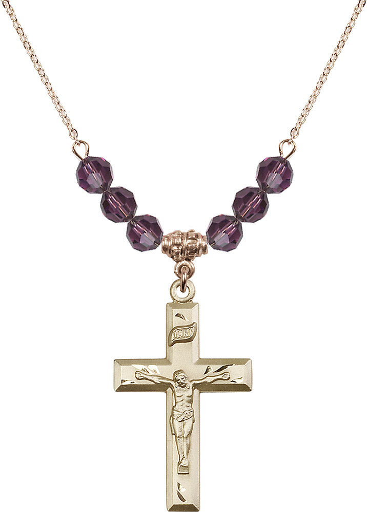 14kt Gold Filled Crucifix Birthstone Necklace with Amethyst Beads - 2186
