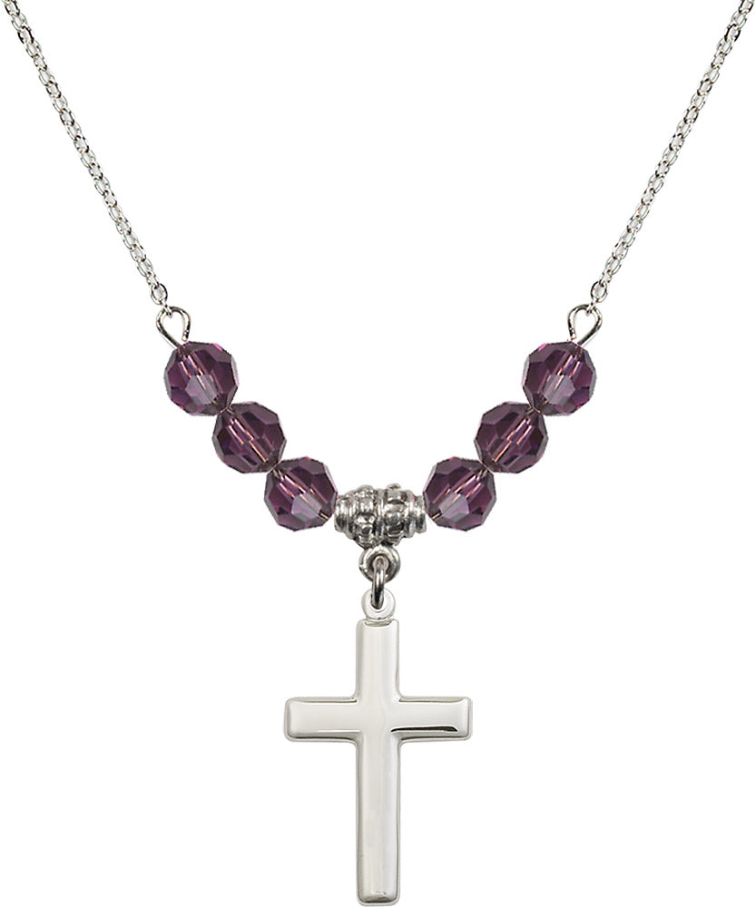 Sterling Silver Cross Birthstone Necklace with Amethyst Beads - 2195