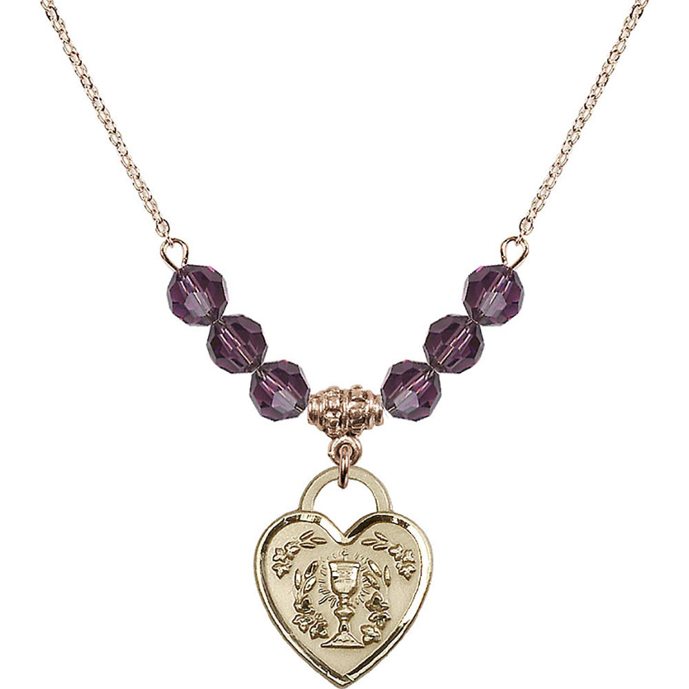 14kt Gold Filled Communion Heart Birthstone Necklace with Amethyst Beads - 3204
