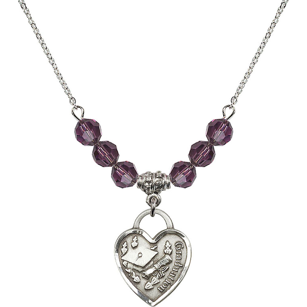 Sterling Silver Graduation Heart Birthstone Necklace with Amethyst Beads - 3206