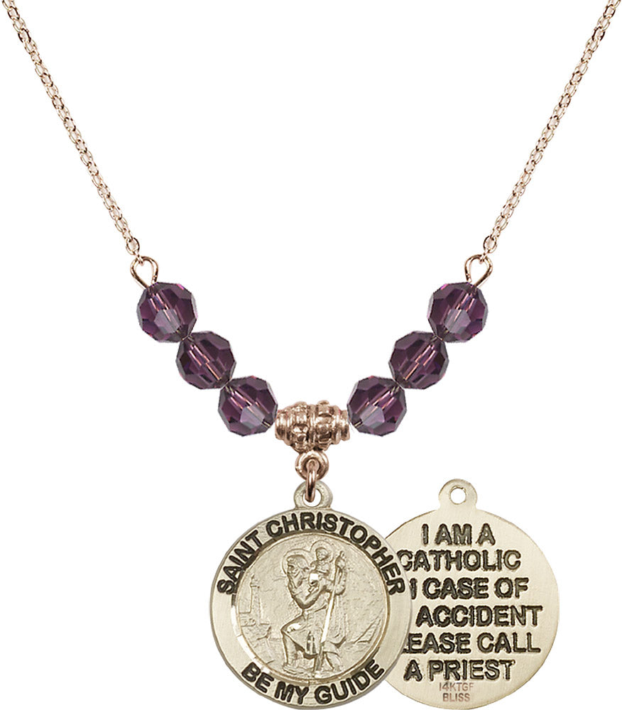 14kt Gold Filled Saint Christopher Birthstone Necklace with Amethyst Beads - 4049