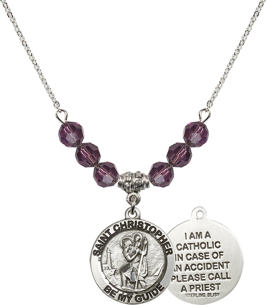 Sterling Silver Saint Christopher Birthstone Necklace with Amethyst Beads - 4049