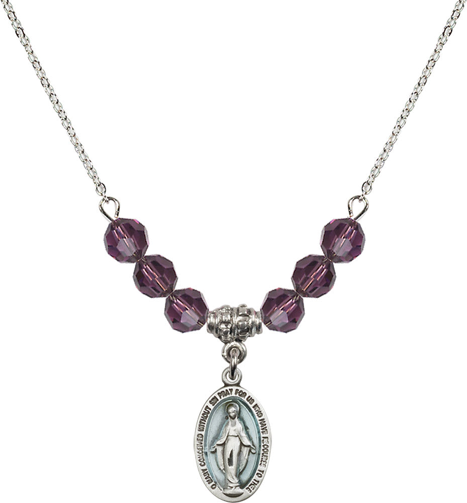 Sterling Silver Miraculous Birthstone Necklace with Amethyst Beads - 4122