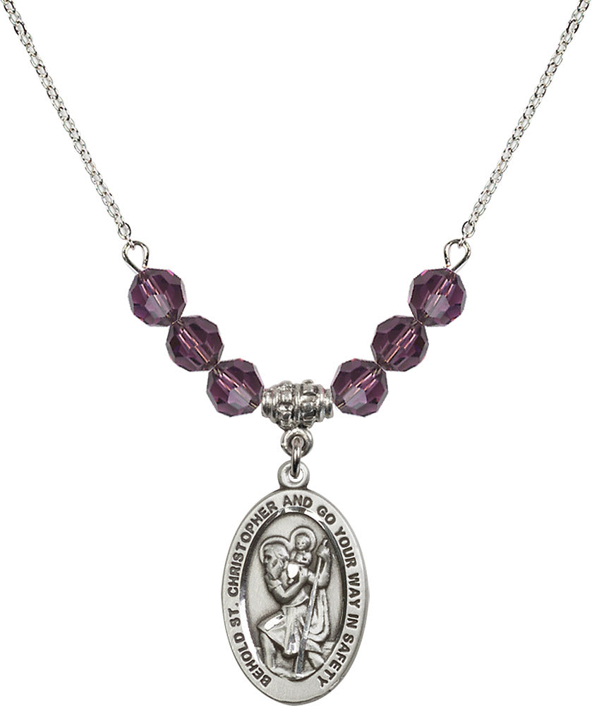 Sterling Silver Saint Christopher Birthstone Necklace with Amethyst Beads - 4123