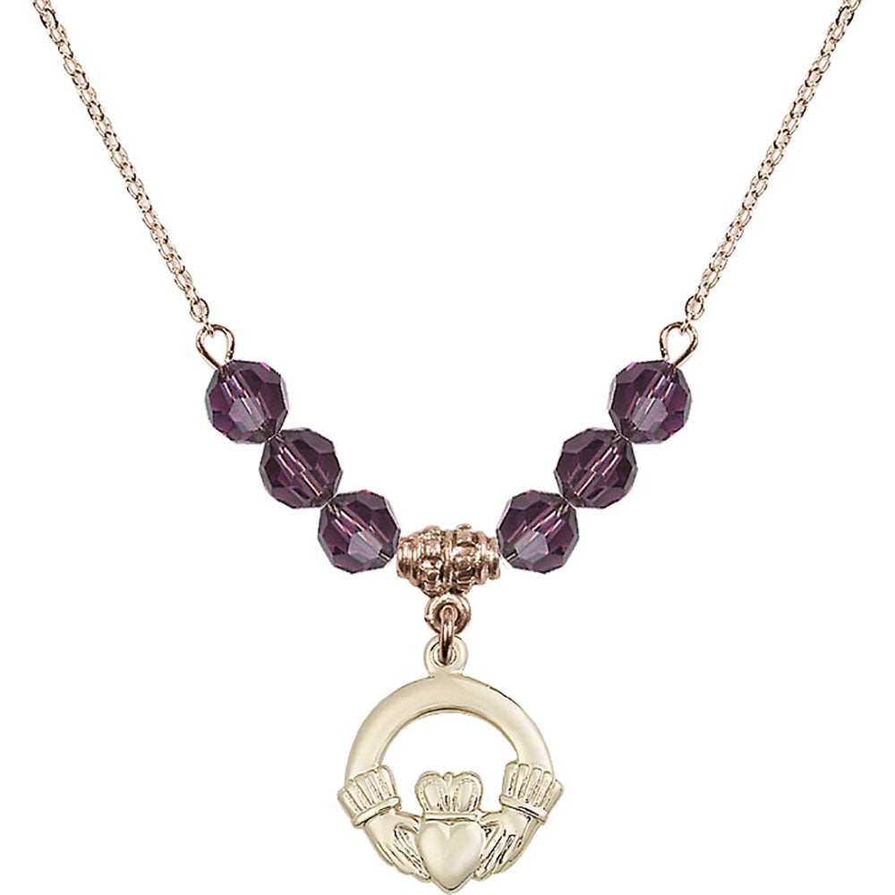 14kt Gold Filled Claddagh Birthstone Necklace with Amethyst Beads - 4138
