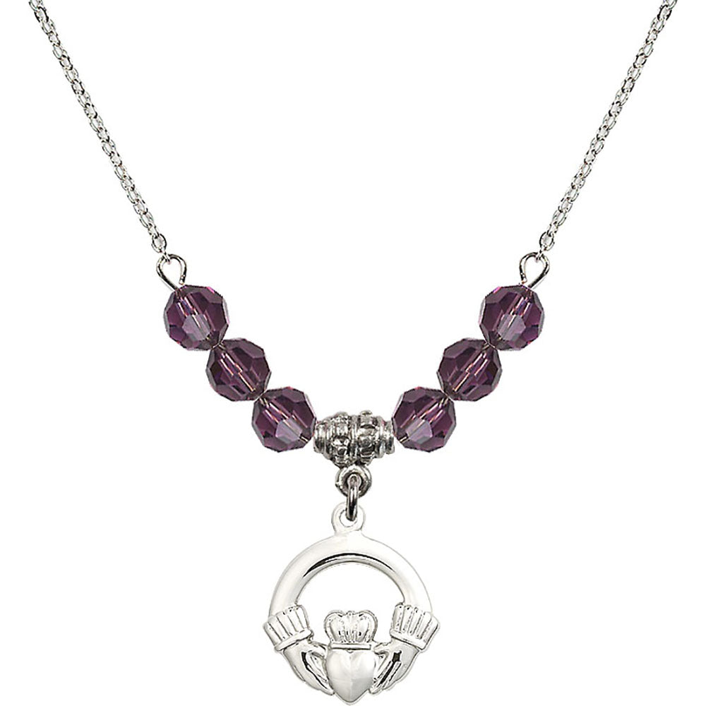 Sterling Silver Claddagh Birthstone Necklace with Amethyst Beads - 4138