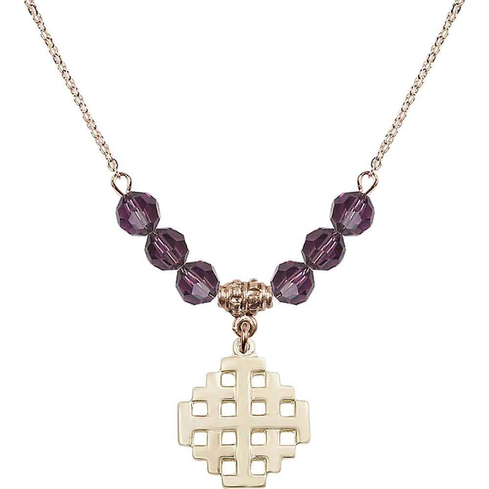 14kt Gold Filled Jerusalem Cross Birthstone Necklace with Amethyst Beads - 4139