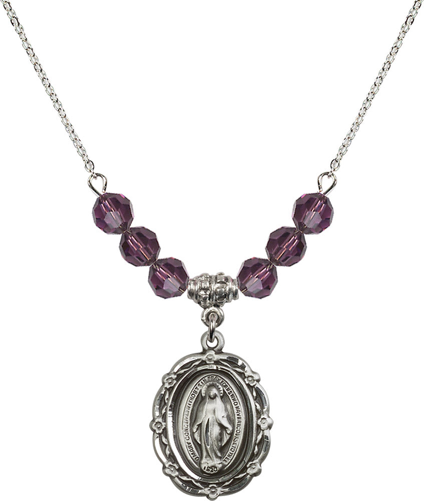 Sterling Silver Miraculous Birthstone Necklace with Amethyst Beads - 4146