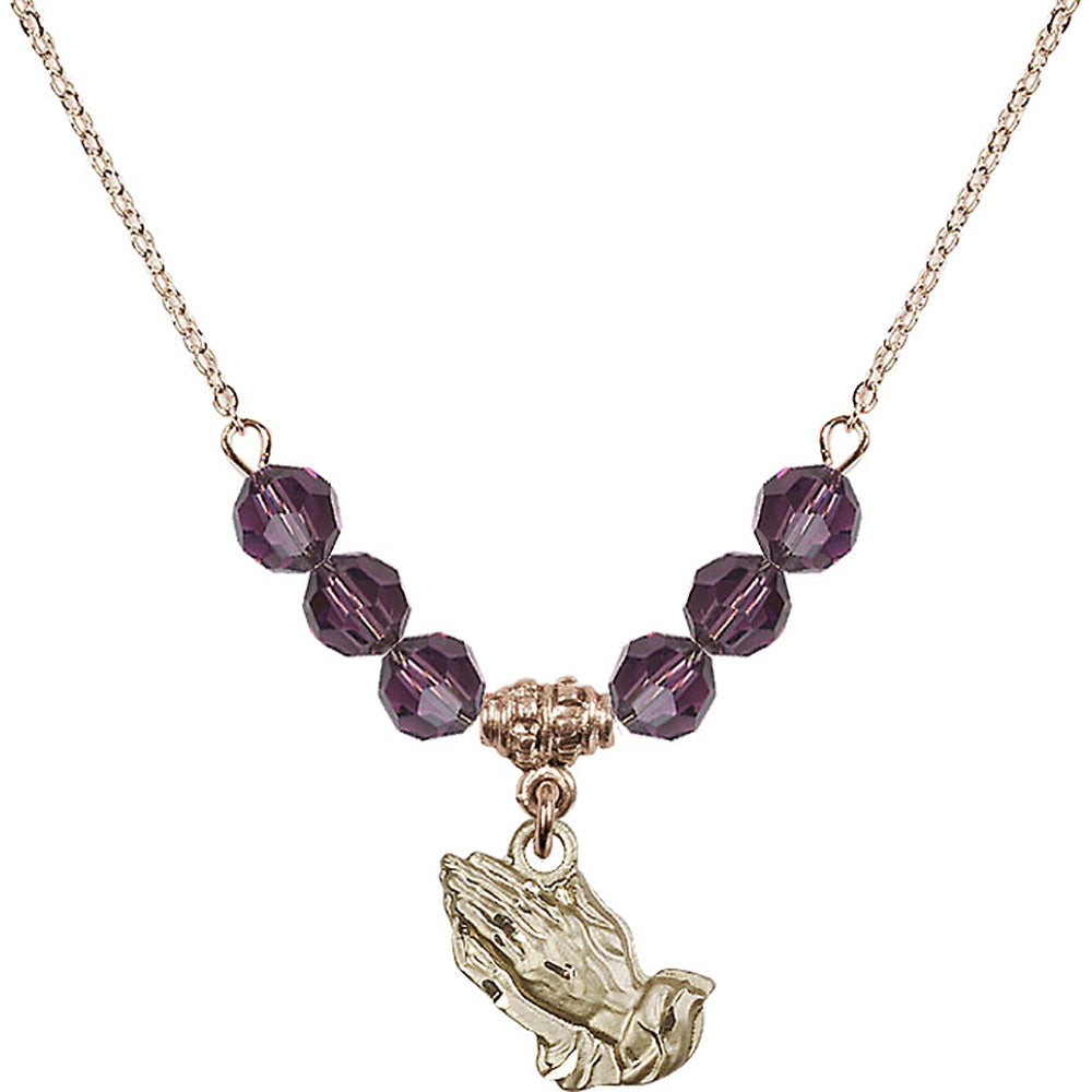 14kt Gold Filled Praying Hands Birthstone Necklace with Amethyst Beads - 4219