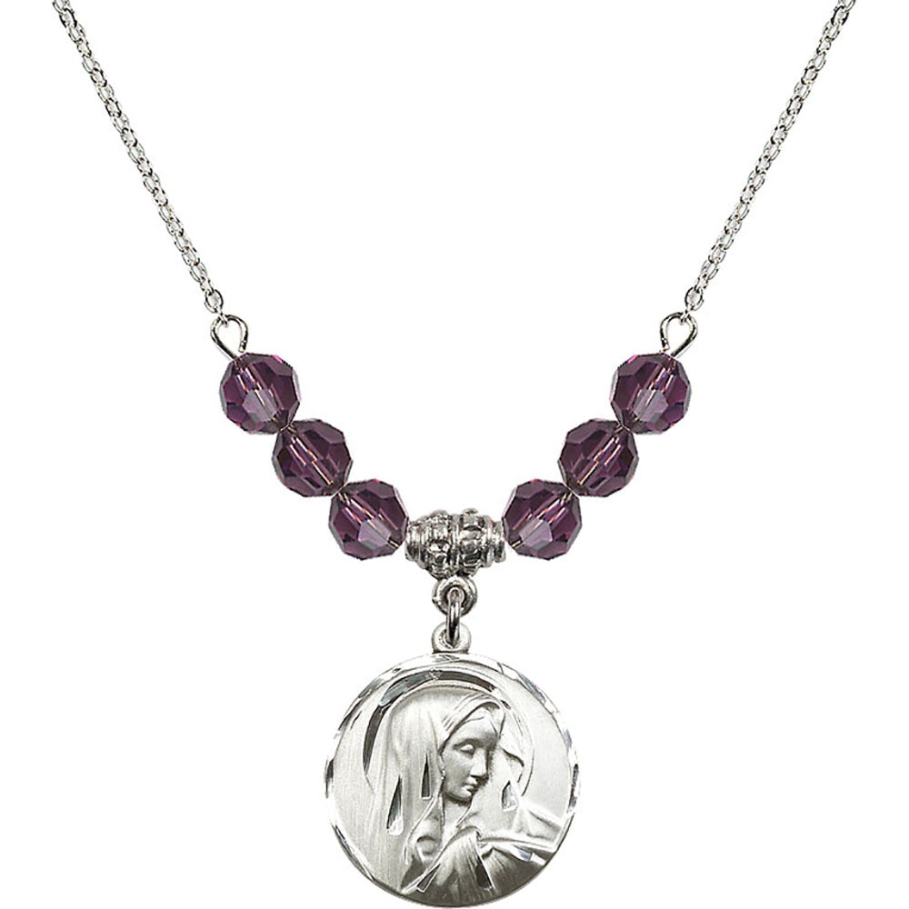 Sterling Silver Sorrowful Mother Birthstone Necklace with Amethyst Beads - 4249