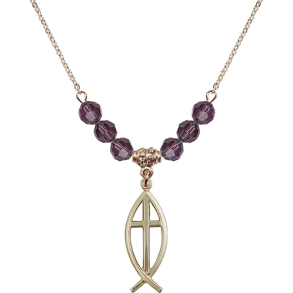 14kt Gold Filled Fish / Cross Birthstone Necklace with Amethyst Beads - 4252