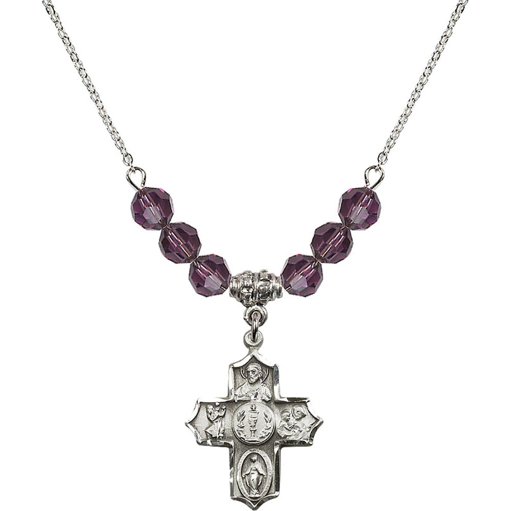 Sterling Silver 4-Way Birthstone Necklace with Amethyst Beads - 4256