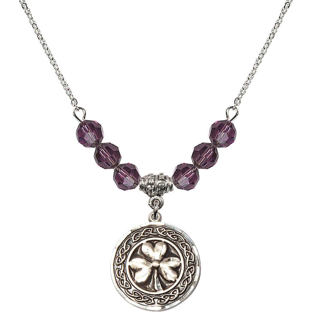 Sterling Silver Shamrock w/ Celtic Border Birthstone Necklace with Amethyst Beads - 5106