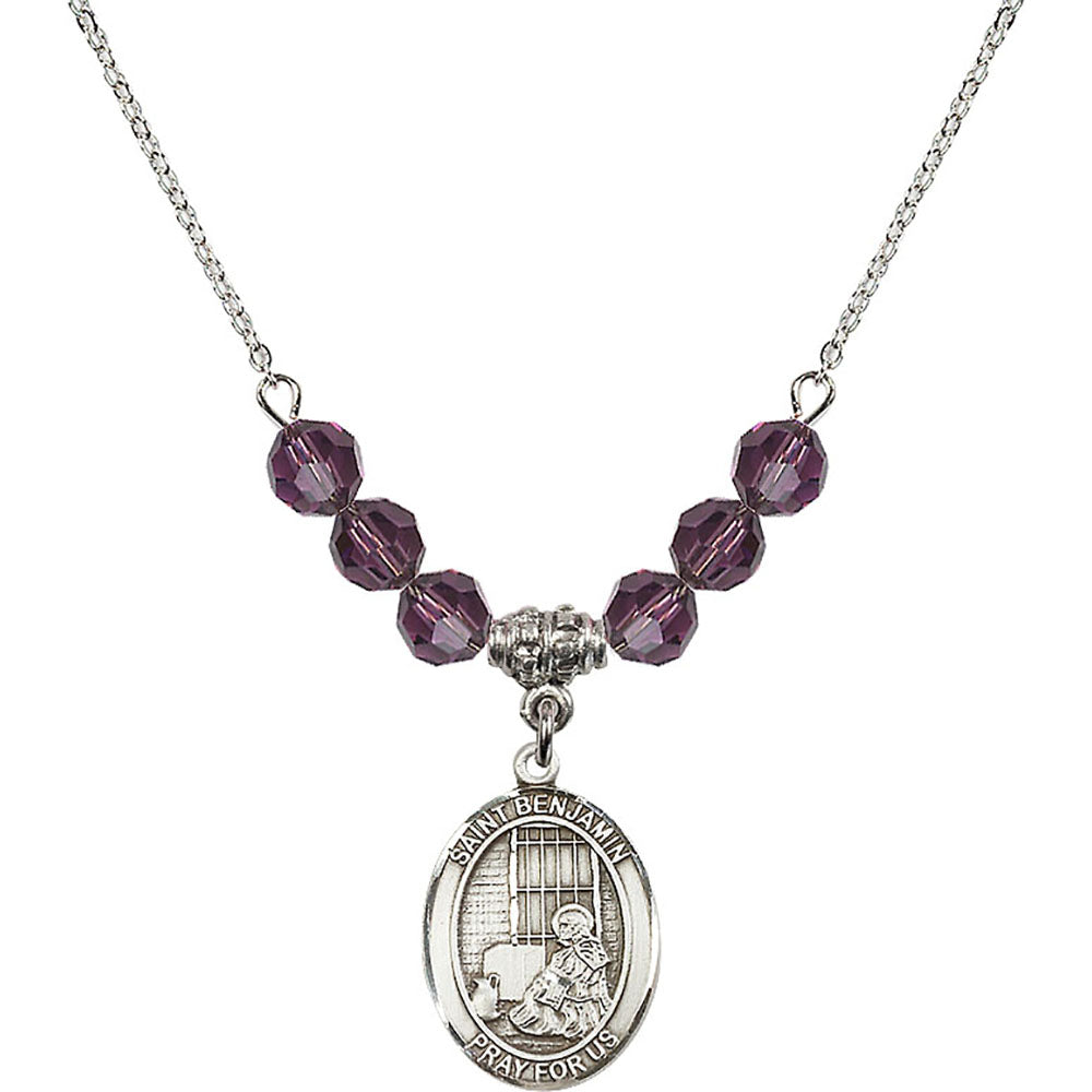Sterling Silver Saint Benjamin Birthstone Necklace with Amethyst Beads - 8013