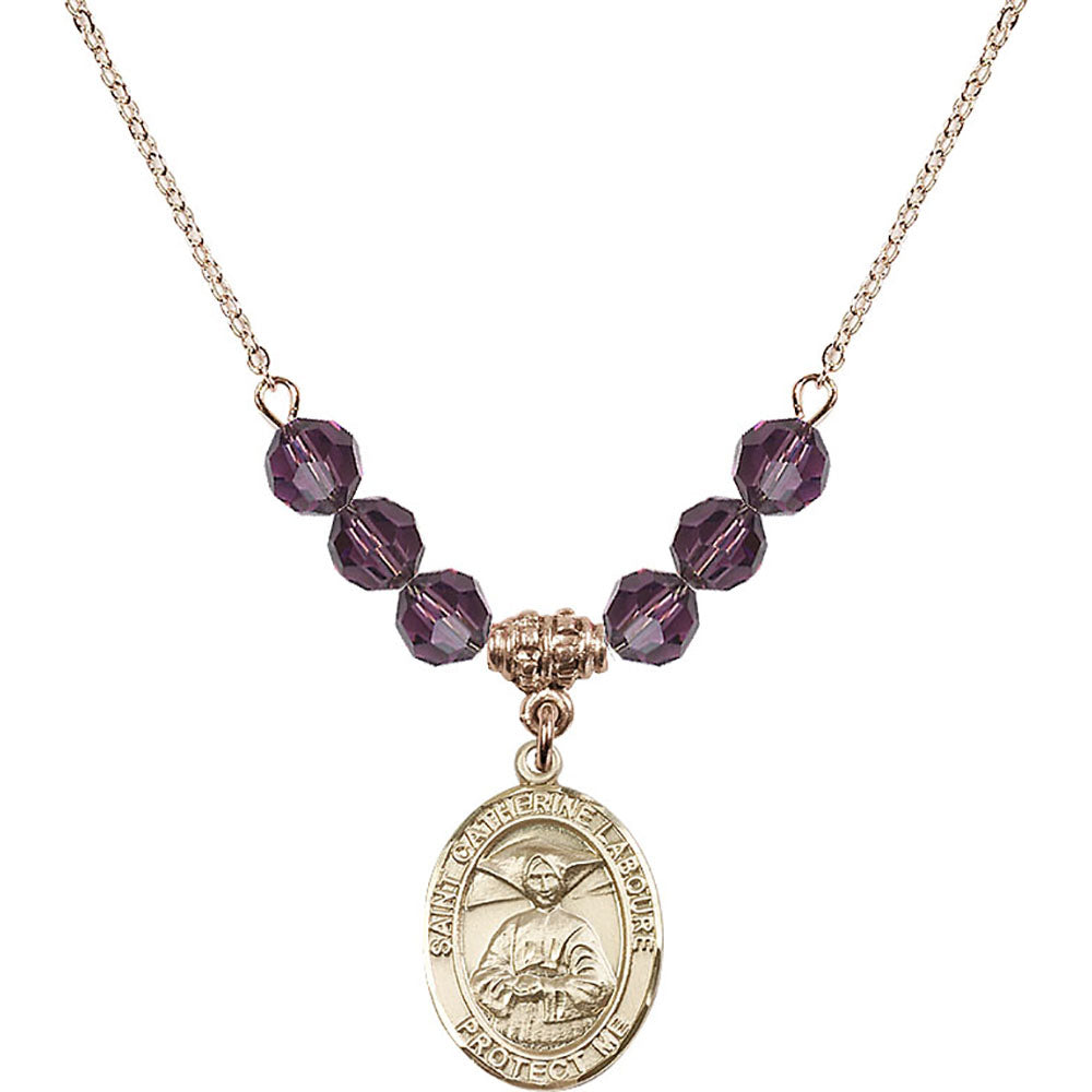 14kt Gold Filled Saint Catherine Laboure Birthstone Necklace with Amethyst Beads - 8021