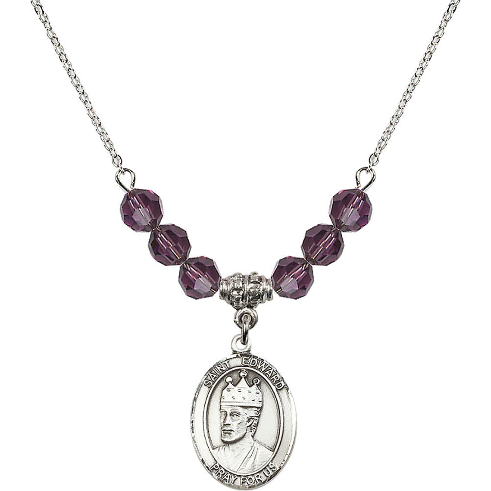 Sterling Silver Saint Edward the Confessor Birthstone Necklace with Amethyst Beads - 8026