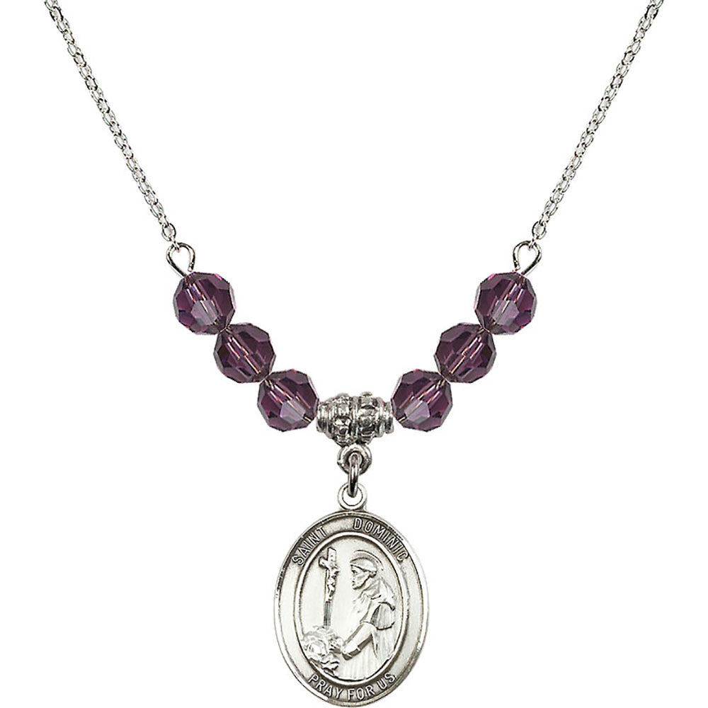 Sterling Silver Saint Dominic de Guzman Birthstone Necklace with Amethyst Beads - 8030