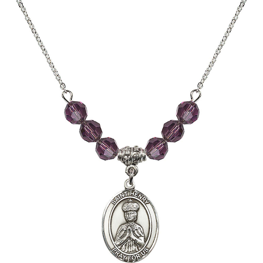 Sterling Silver Saint Henry II Birthstone Necklace with Amethyst Beads - 8046