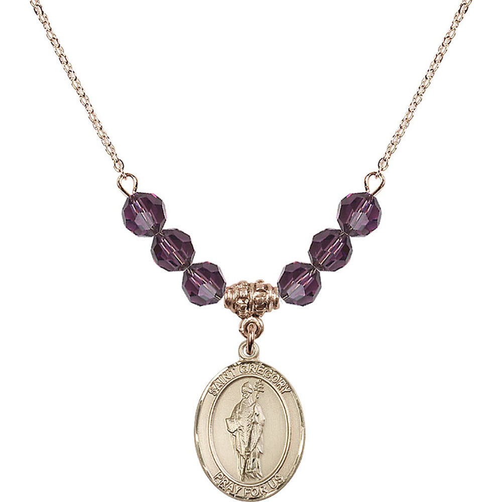 14kt Gold Filled Saint Gregory the Great Birthstone Necklace with Amethyst Beads - 8048