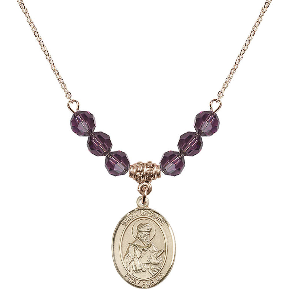 14kt Gold Filled Saint Isidore of Seville Birthstone Necklace with Amethyst Beads - 8049