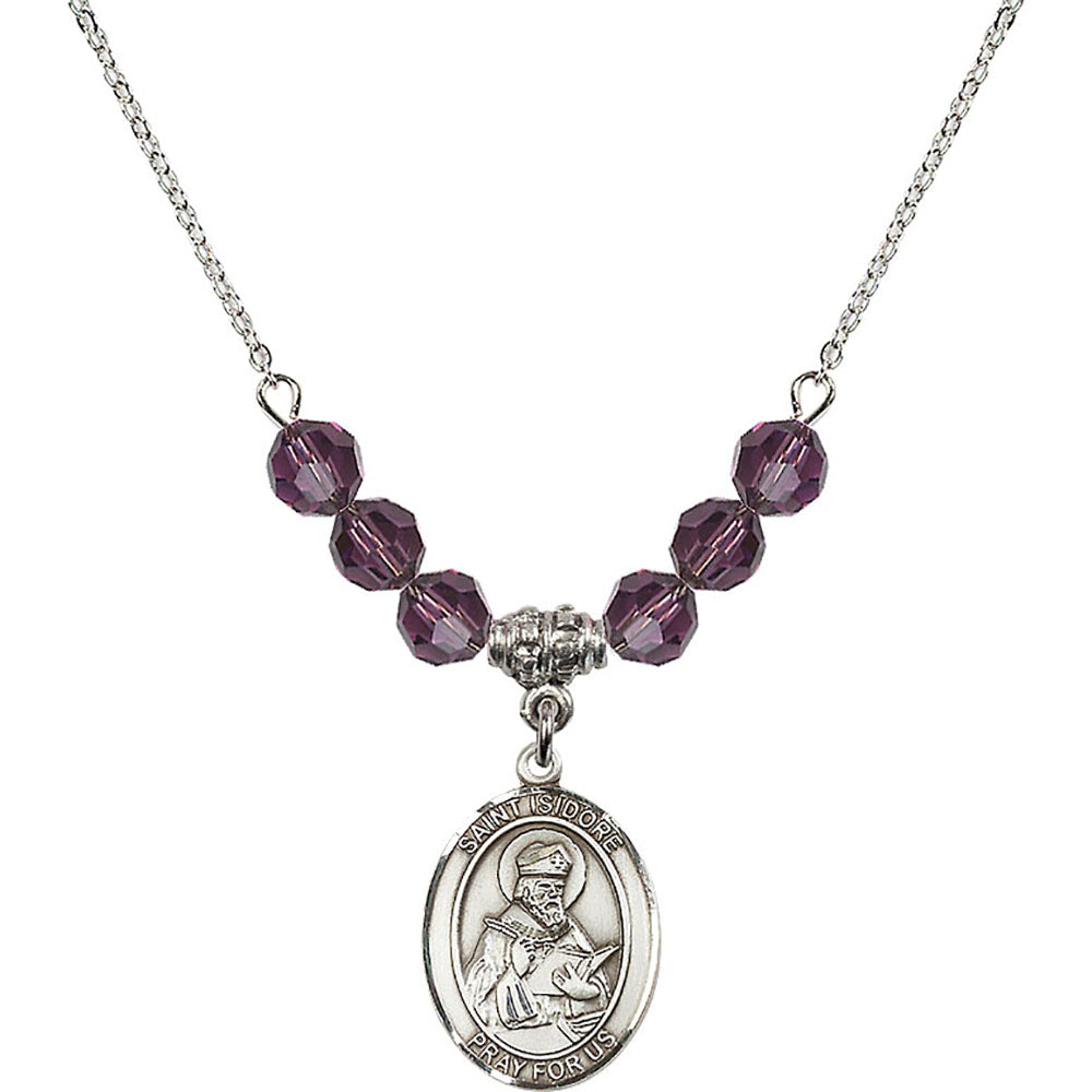 Sterling Silver Saint Isidore of Seville Birthstone Necklace with Amethyst Beads - 8049