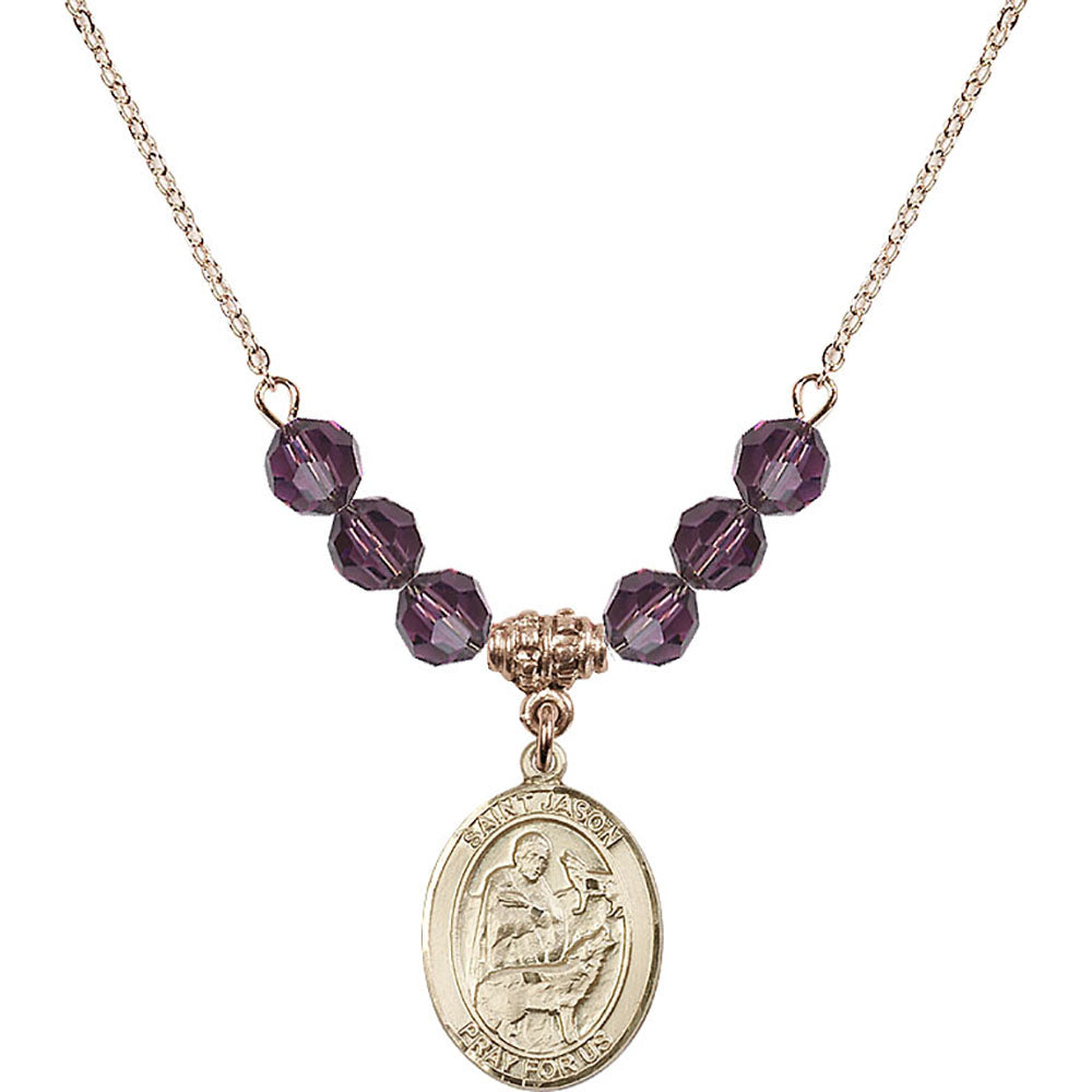 14kt Gold Filled Saint Jason Birthstone Necklace with Amethyst Beads - 8051
