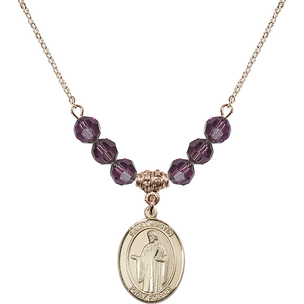 14kt Gold Filled Saint Justin Birthstone Necklace with Amethyst Beads - 8052