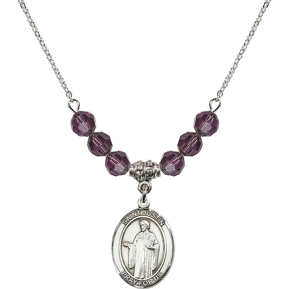 Sterling Silver Saint Justin Birthstone Necklace with Amethyst Beads - 8052