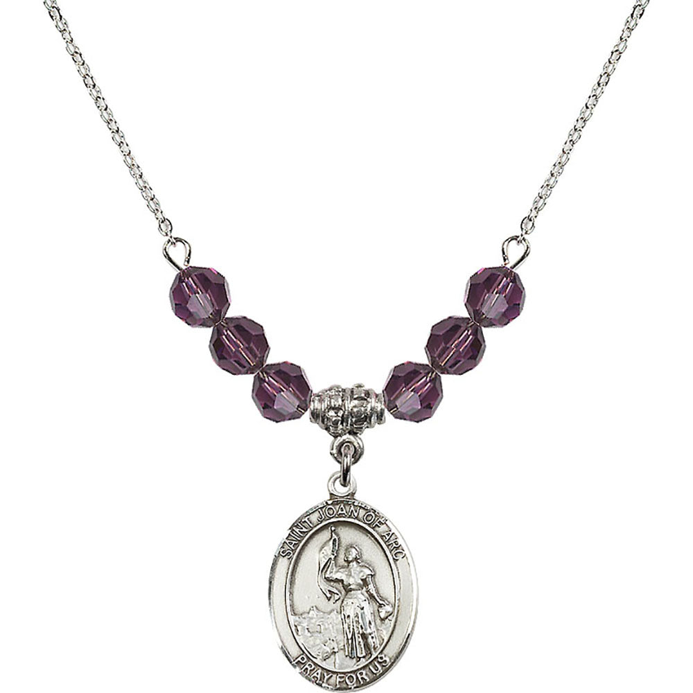 Sterling Silver Saint Joan of Arc Birthstone Necklace with Amethyst Beads - 8053