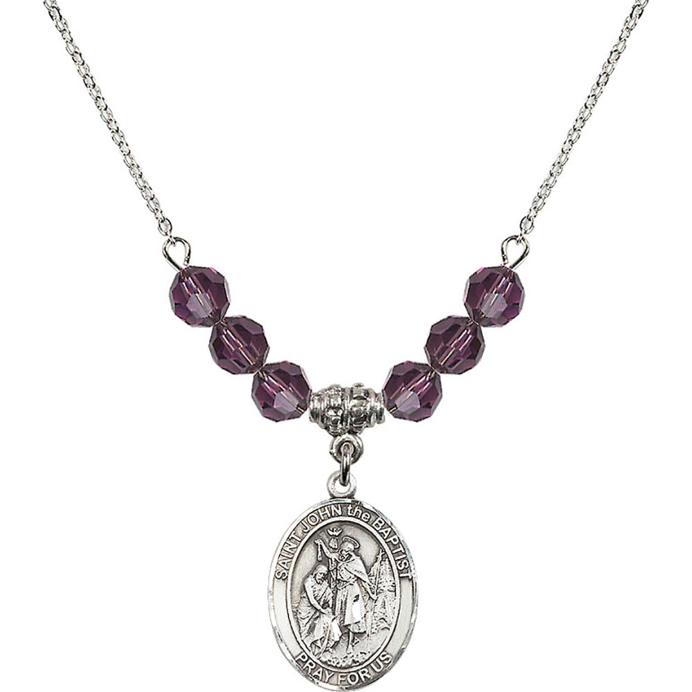 Sterling Silver Saint John the Baptist Birthstone Necklace with Amethyst Beads - 8054
