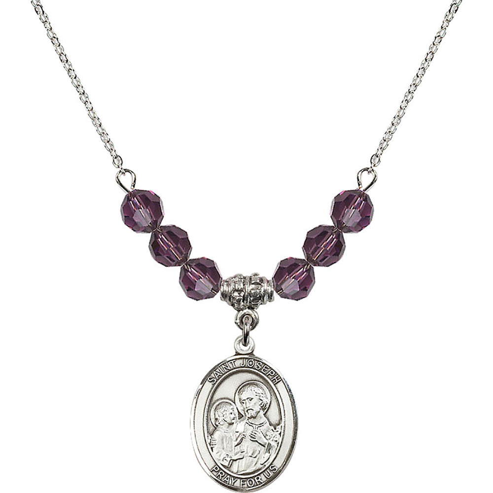 Sterling Silver Saint Joseph Birthstone Necklace with Amethyst Beads - 8058