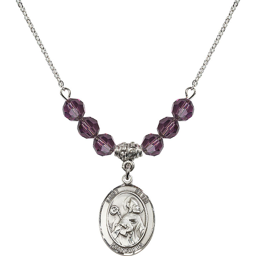 Sterling Silver Saint Kevin Birthstone Necklace with Amethyst Beads - 8062