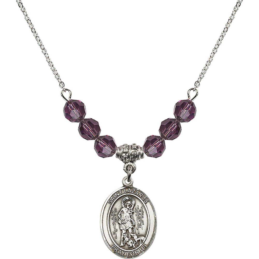 Sterling Silver Saint Lazarus Birthstone Necklace with Amethyst Beads - 8066