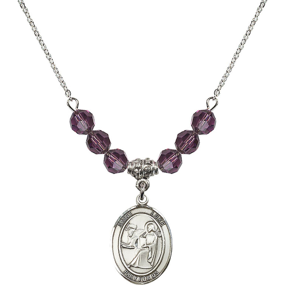 Sterling Silver Saint Luke the Apostle Birthstone Necklace with Amethyst Beads - 8068