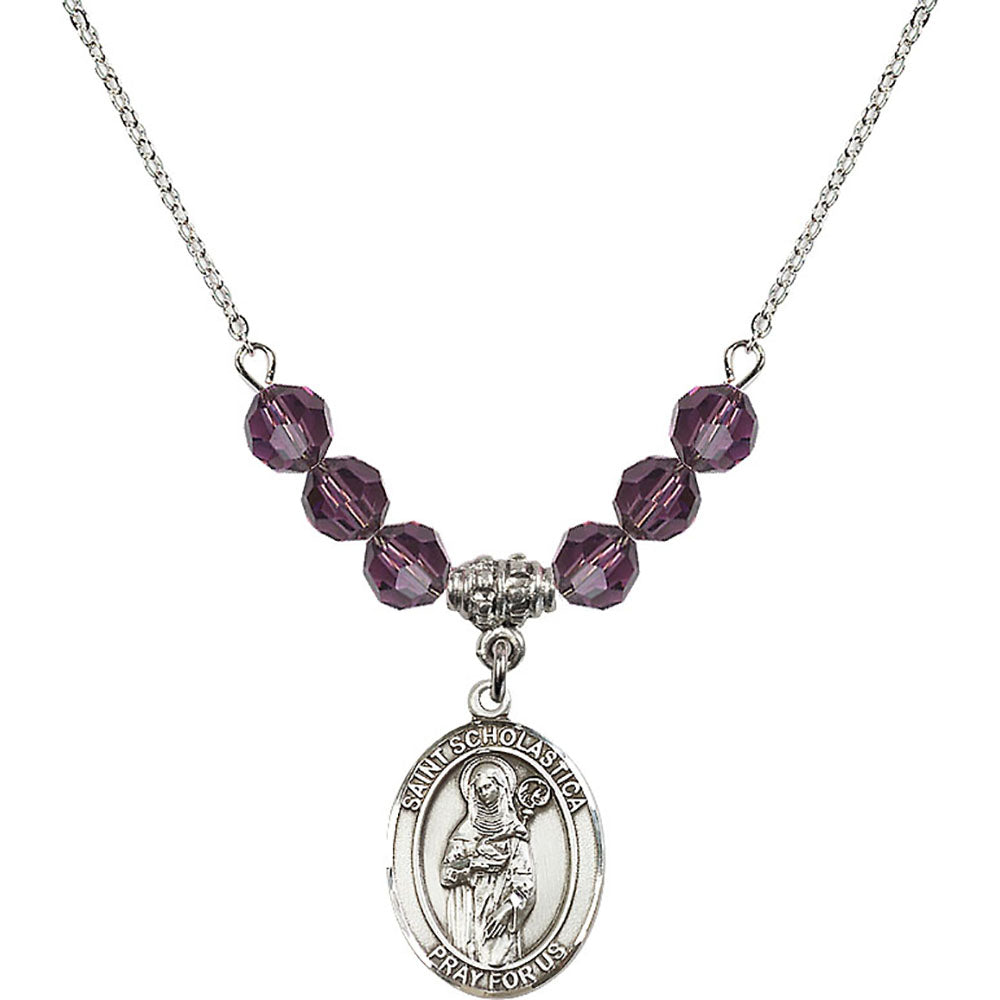 Sterling Silver Saint Scholastica Birthstone Necklace with Amethyst Beads - 8099