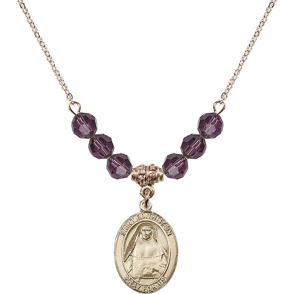 14kt Gold Filled Saint Edith Stein Birthstone Necklace with Amethyst Beads - 8103
