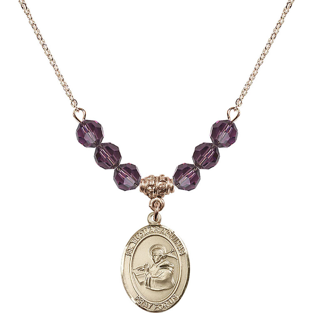 14kt Gold Filled Saint Thomas Aquinas Birthstone Necklace with Amethyst Beads - 8108