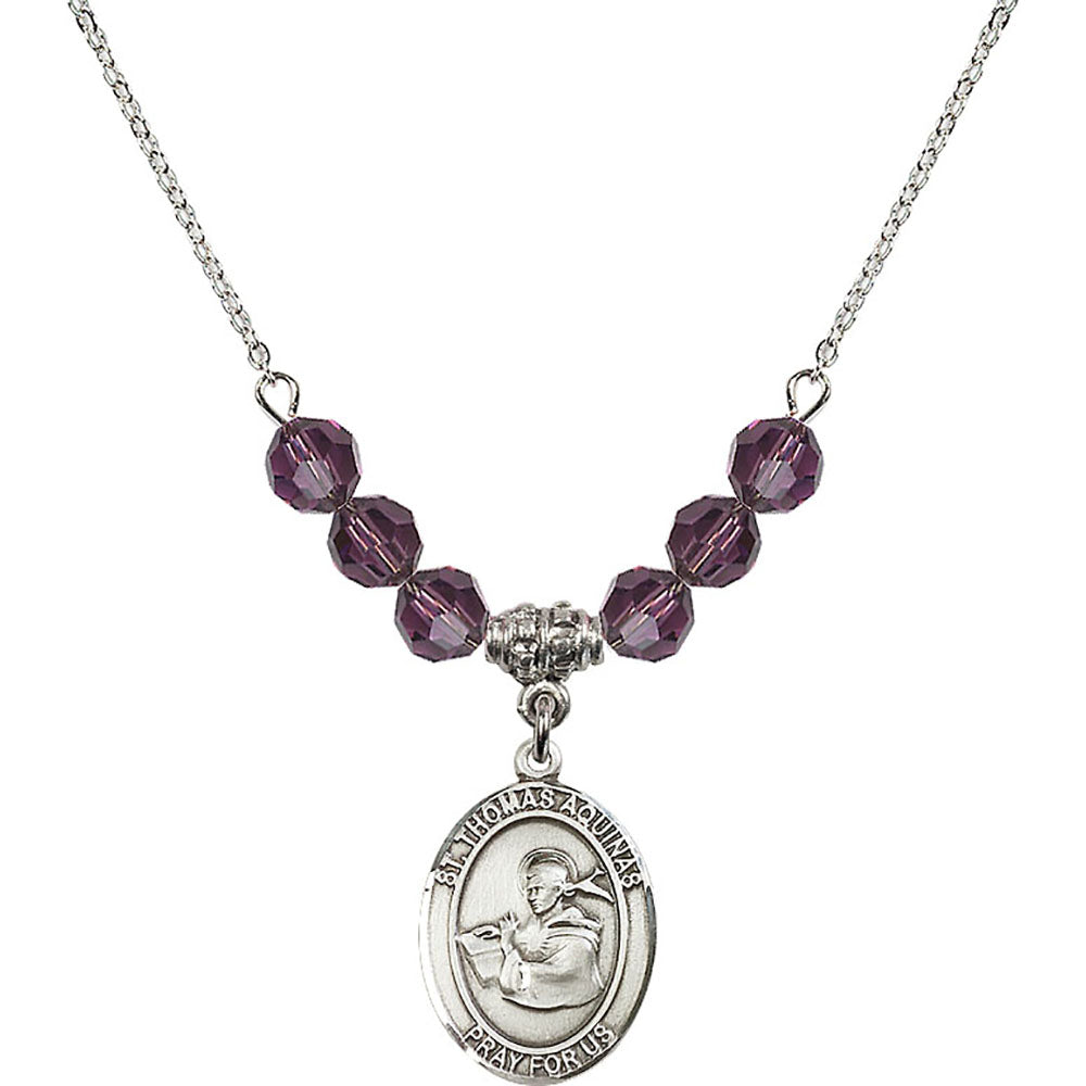Sterling Silver Saint Thomas Aquinas Birthstone Necklace with Amethyst Beads - 8108