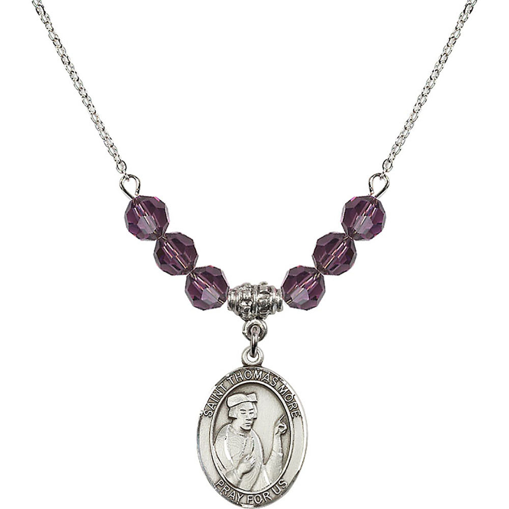 Sterling Silver Saint Thomas More Birthstone Necklace with Amethyst Beads - 8109