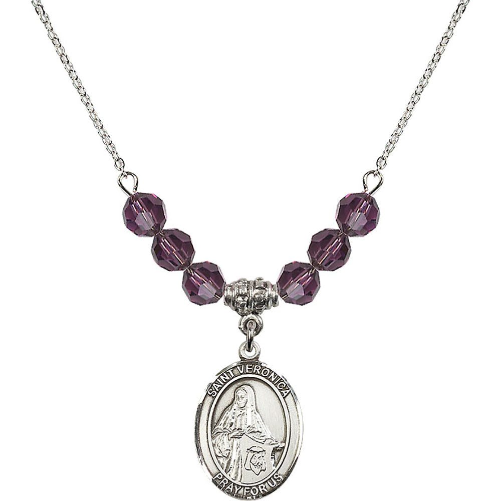 Sterling Silver Saint Veronica Birthstone Necklace with Amethyst Beads - 8110
