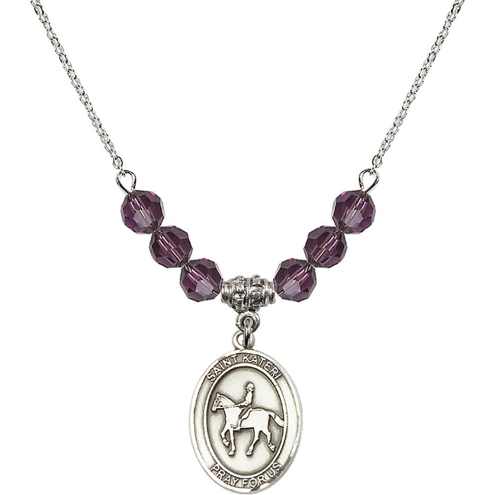 Sterling Silver Saint Kateri/Equestrian Birthstone Necklace with Amethyst Beads - 8182