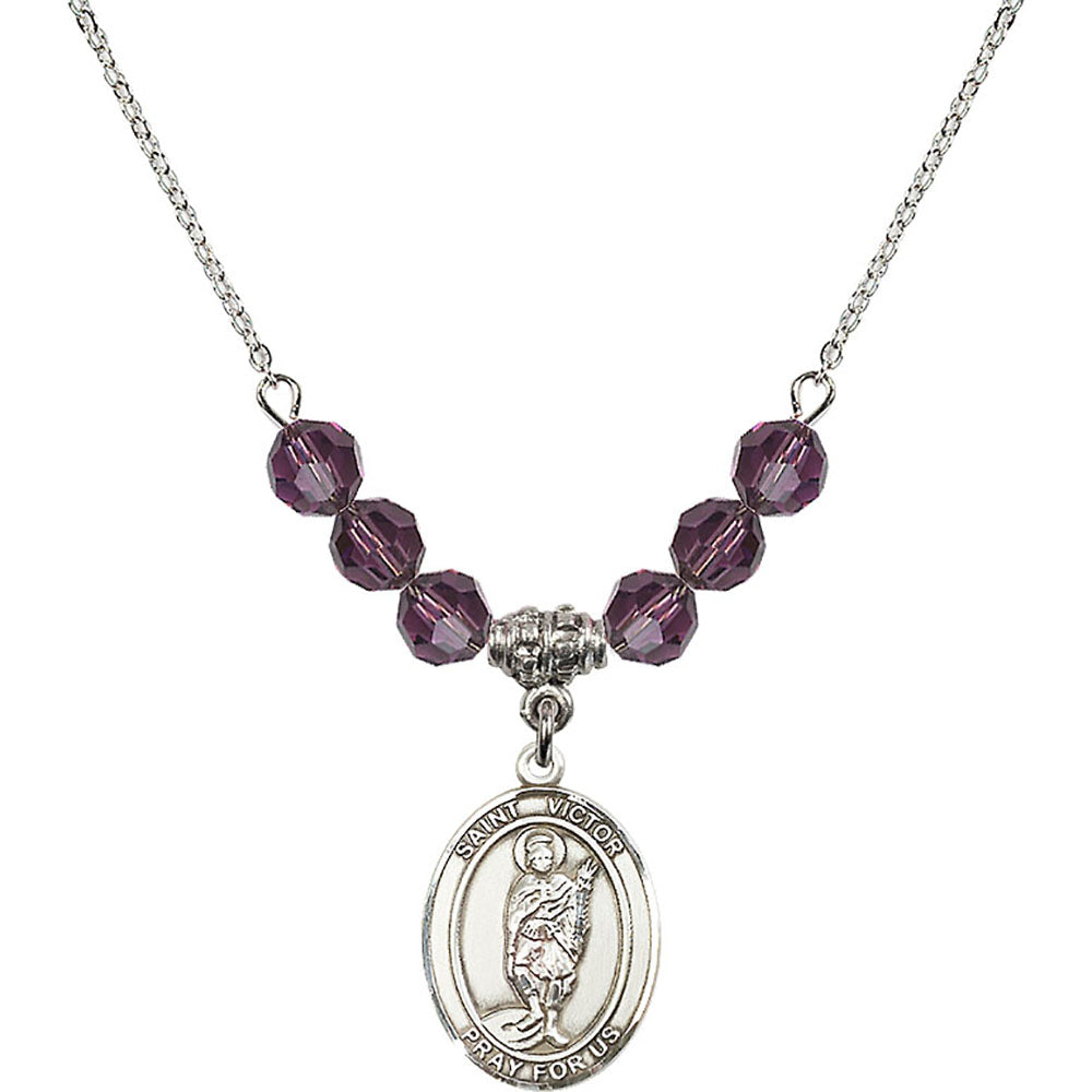 Sterling Silver Saint Victor of Marseilles Birthstone Necklace with Amethyst Beads - 8223