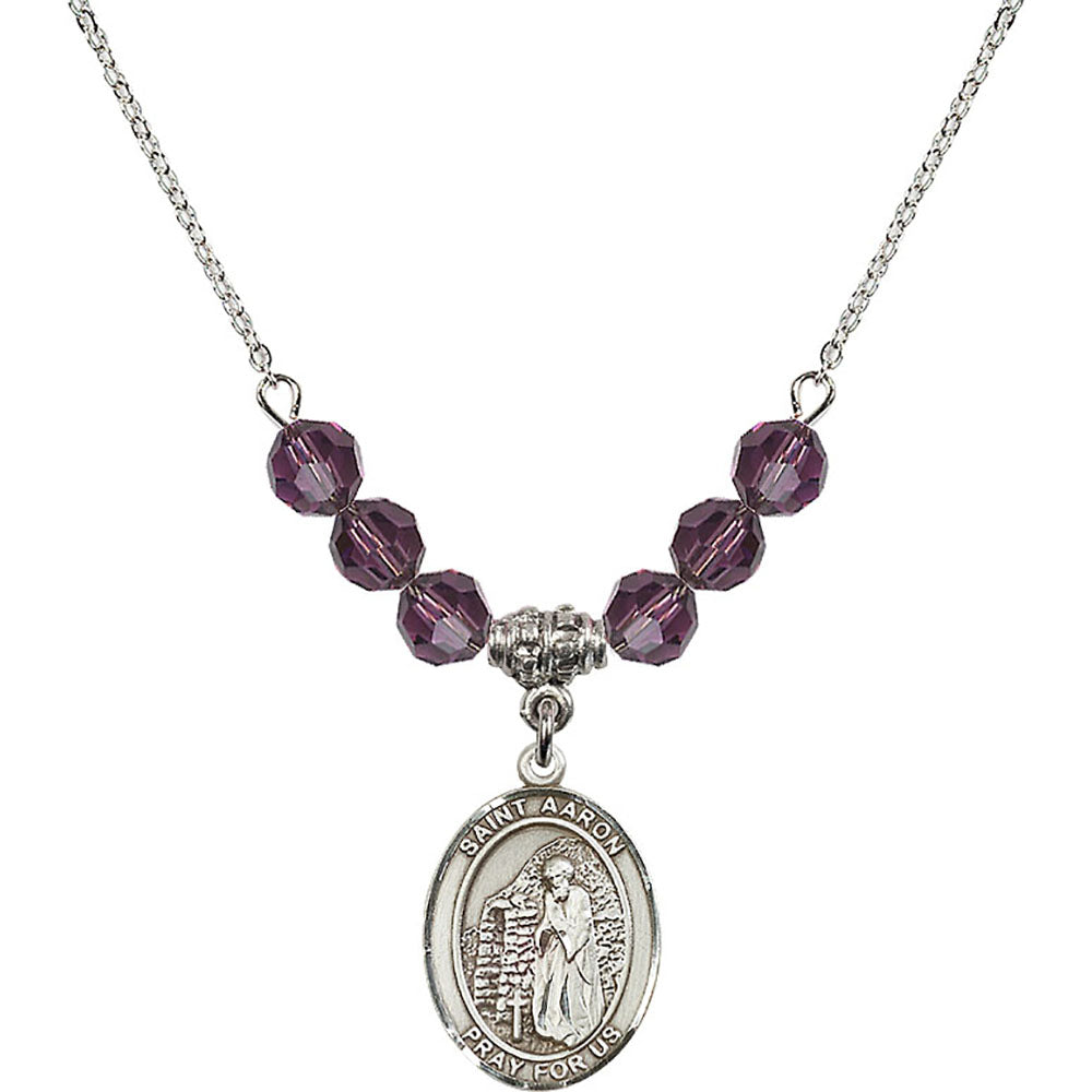 Sterling Silver Saint Aaron Birthstone Necklace with Amethyst Beads - 8254