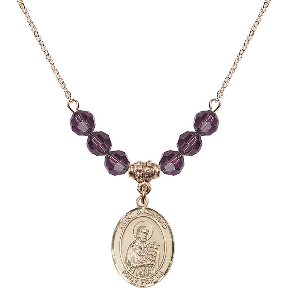 14kt Gold Filled Saint Christian Demosthenes Birthstone Necklace with Amethyst Beads - 8257