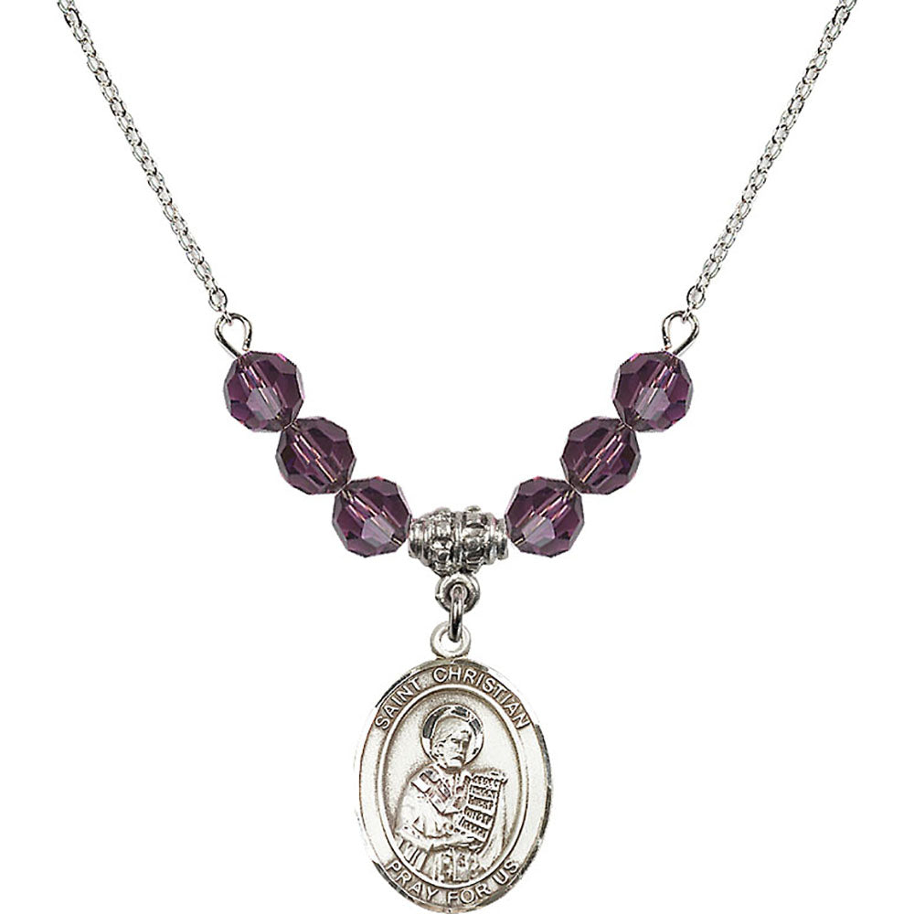 Sterling Silver Saint Christian Demosthenes Birthstone Necklace with Amethyst Beads - 8257