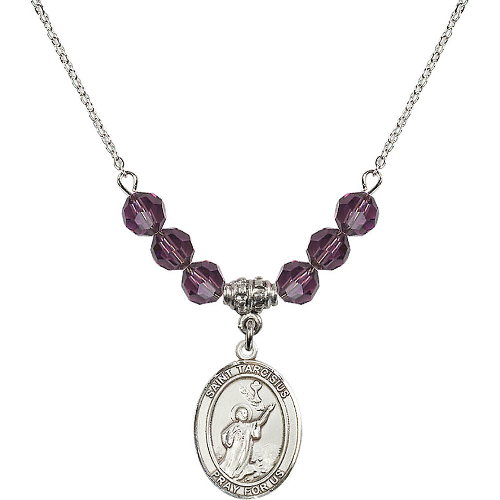 Sterling Silver Saint Tarcisius Birthstone Necklace with Amethyst Beads - 8261