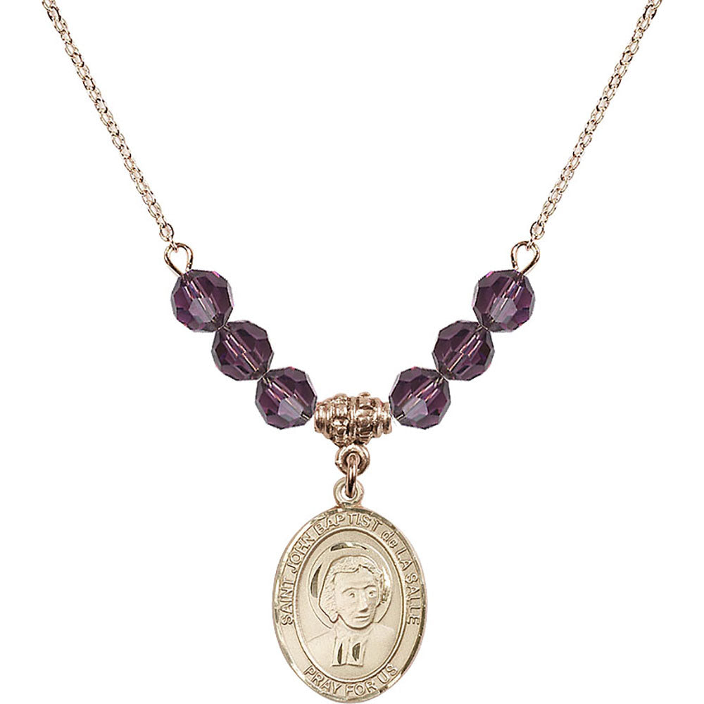 14kt Gold Filled Saint John Baptist de la Salle Birthstone Necklace with Amethyst Beads - 8262