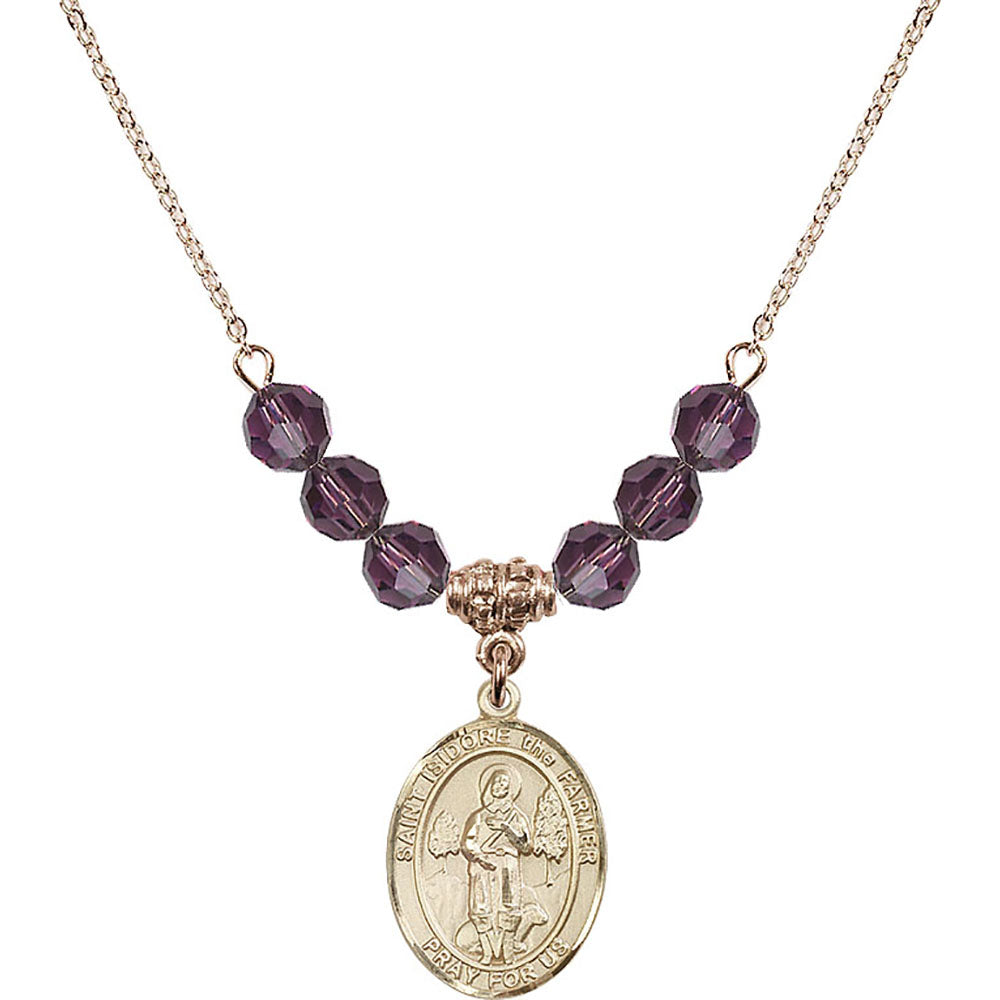 14kt Gold Filled Saint Isidore the Farmer Birthstone Necklace with Amethyst Beads - 8276