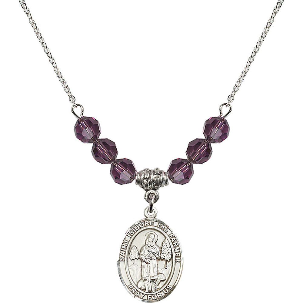Sterling Silver Saint Isidore the Farmer Birthstone Necklace with Amethyst Beads - 8276