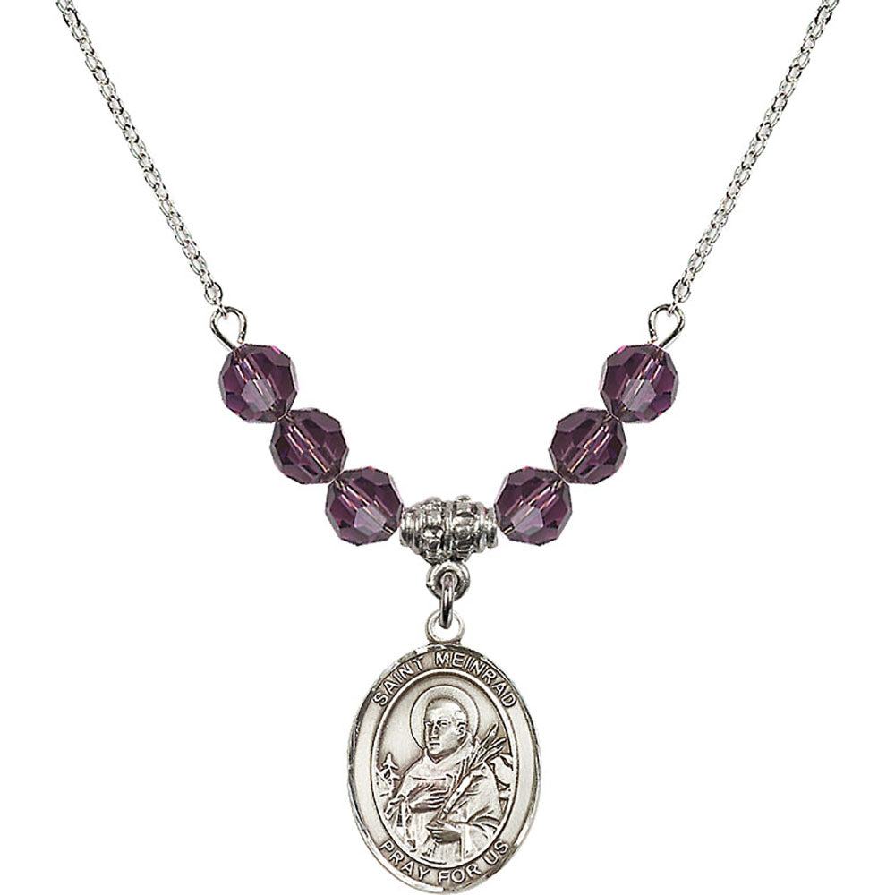 Sterling Silver Saint Meinrad of Einsiedeln Birthstone Necklace with Amethyst Beads - 8307